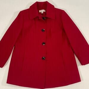 Anne Klein Red Wool Coat Womens XL Single Breasted Pea Coat Christmas Elegant